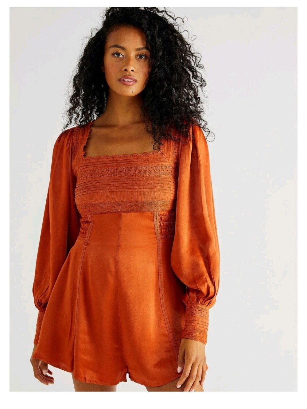 Free People Rust Red Long Sleeve Lace-Trim Bodysuit Romper